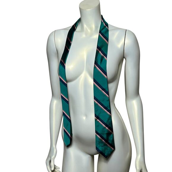 Vintage Christian Dior Teal Blue Pink Striped All Silk Neck Tie Made in USA - Picture 9 of 10